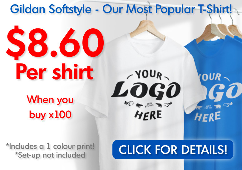 Gildan Softstyle T-Shirt, $8.60 per shirt when you buy 100, includes one-colour print, setup not included