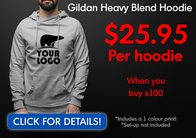 Gildan Heavy Blend Hoodie, $25.95 per hoodie when you buy 100, includes one-colour print, setup not included